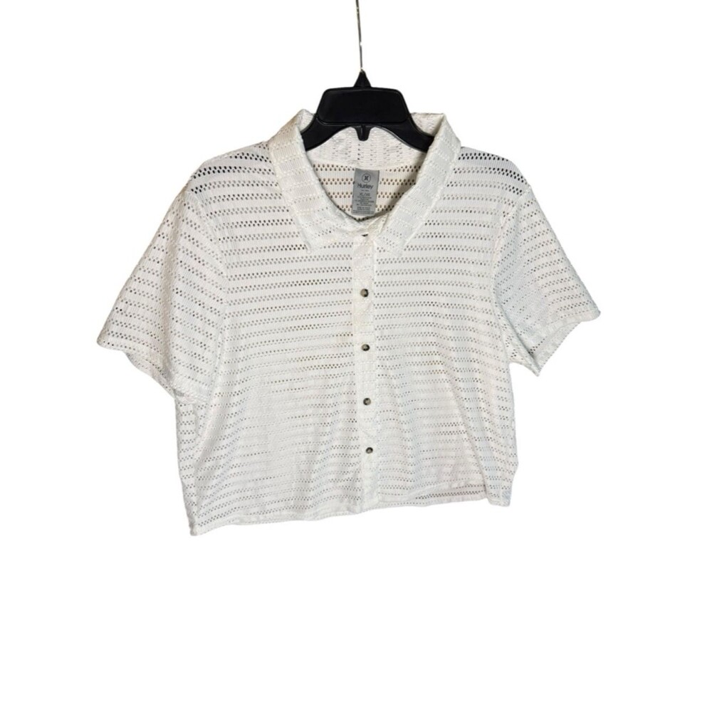New Hurley Women's Crochet Mesh Button Down Shirt Swim Cover Up White Size XL